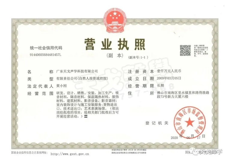 廣東天戈聲學(xué)科技有限公司營業(yè)執(zhí)照
